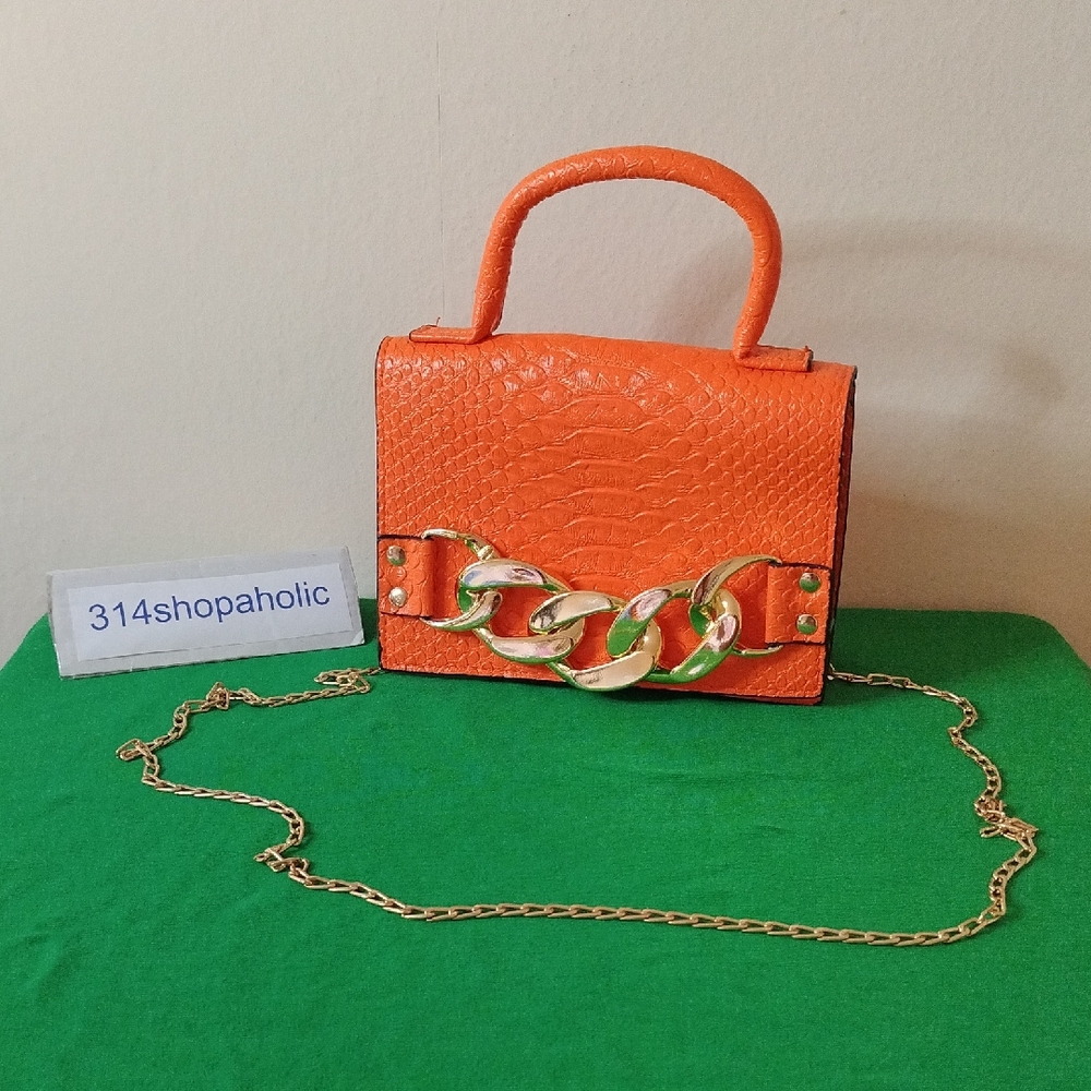 Orange / Gold Crocodile Print Handbag With Removable Chain Strap